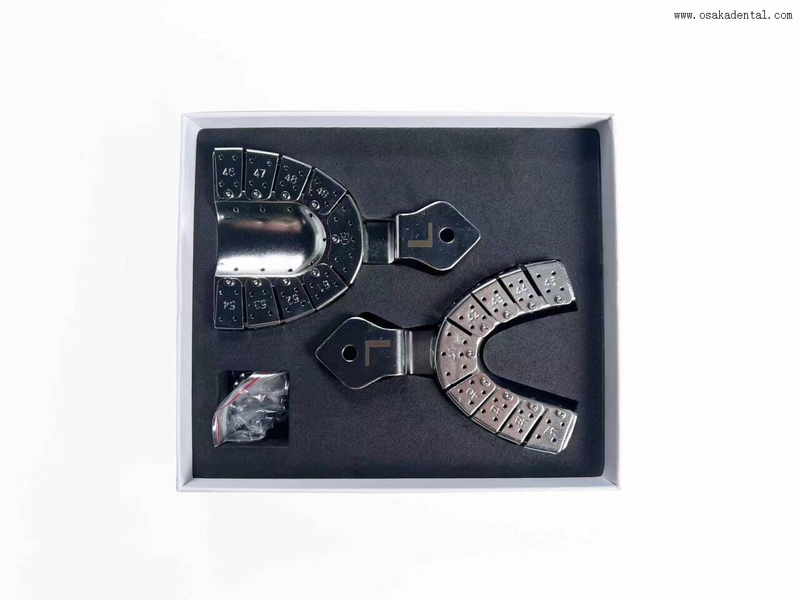 Профессиональные слепочные ложки для зубных имплантатов в коробке, изготовленные из высококачественной нержавеющей стали.