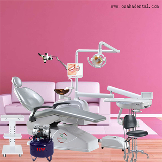 Стоматологическое кресло с воздушным компрессором и стоматологическим микроскопом серебристого цвета