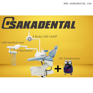 Стоматологическое кресло синего цвета для левшей с альгинатным материалом для слепков зубов