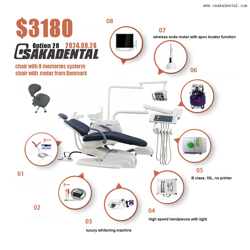 Комплект стоматологической установки с полной опцией. Роскошная стоматологическая установка для стоматологической клиники OSA-A3, опция 28.